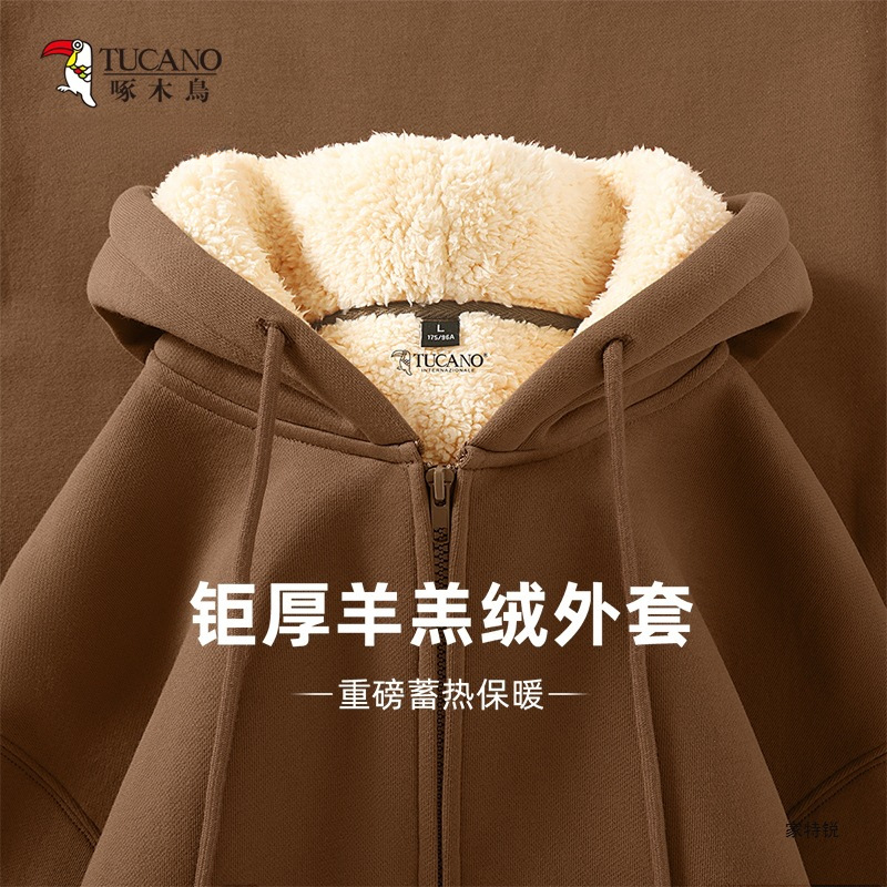 啄木鸟外套男冬季2025新款加绒加厚羊羔绒连帽卫衣男士潮牌开衫Y