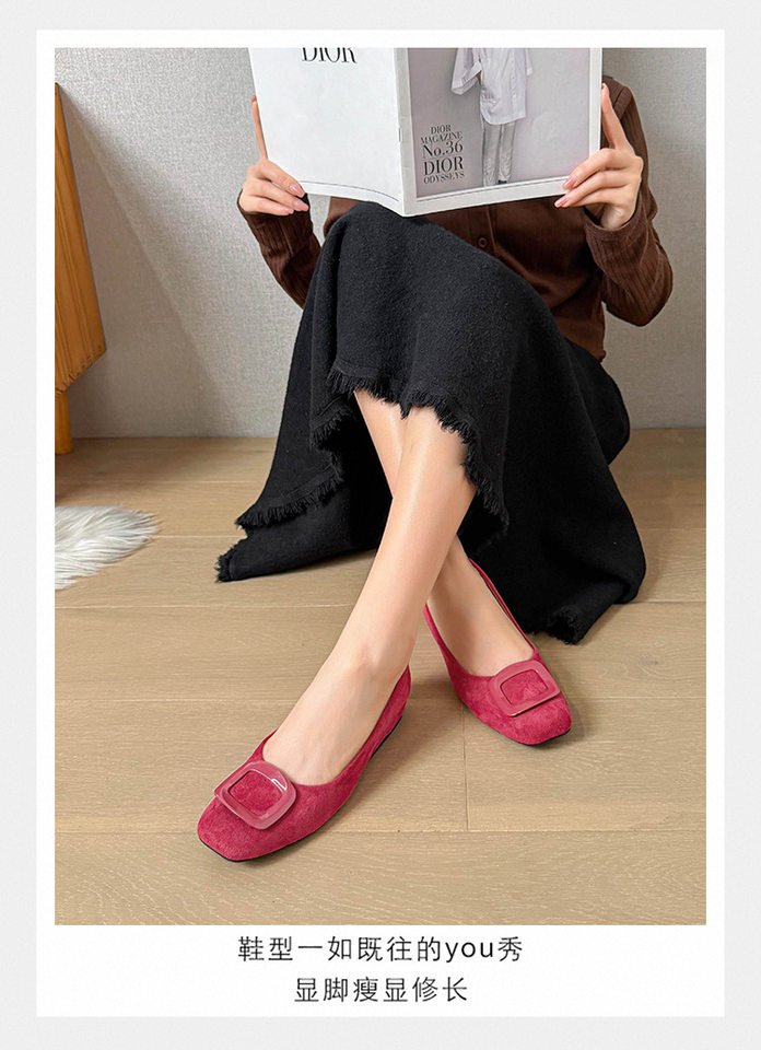 Giày bệt nữ mũi vuông khóa ngang, cổ thấp chất liệu nhung, gót xuồng 3–6 cm — Màu be, màu đen, màu đỏ chi tiết 15