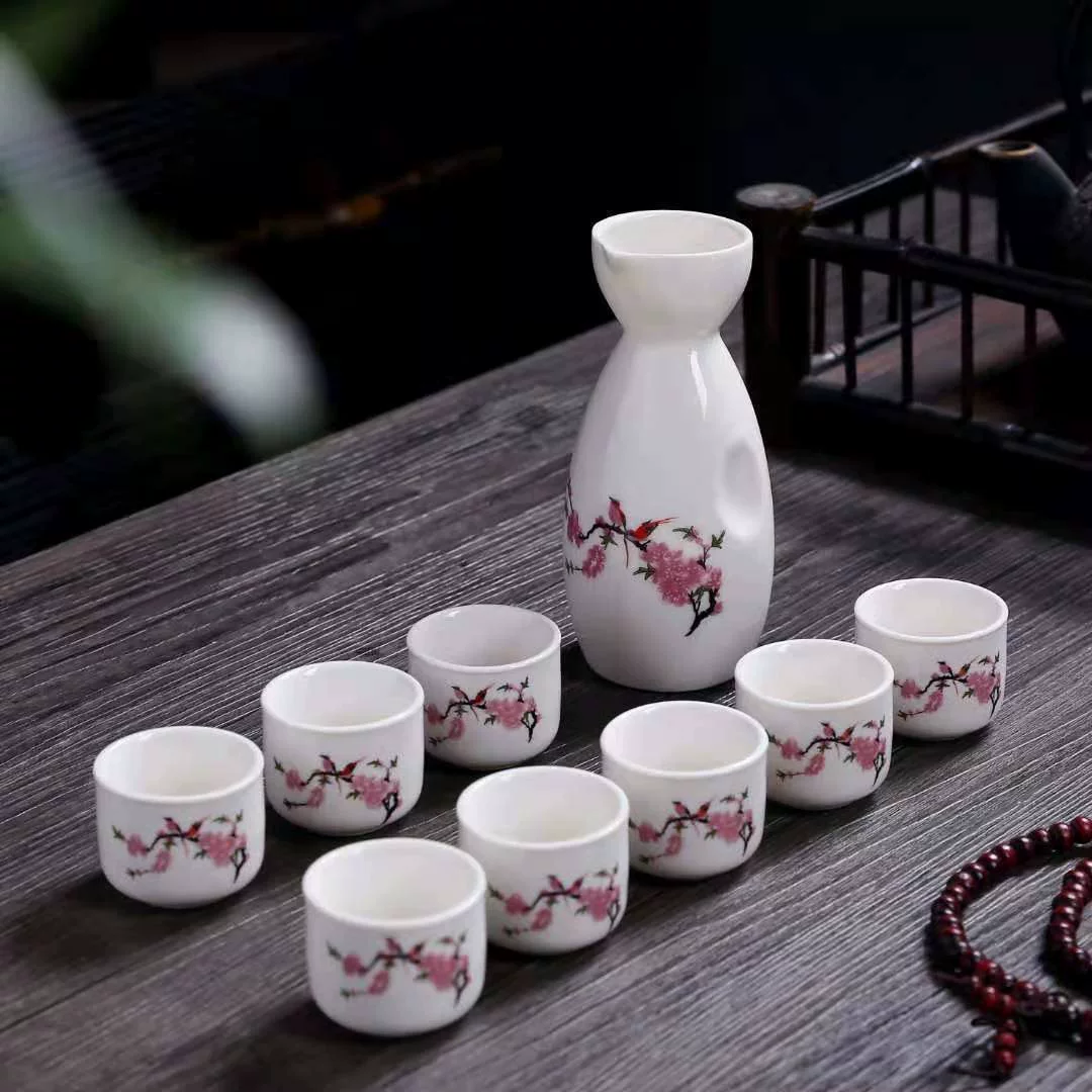 Ceramic wine set, wine decanter, shot glass, wineglass, pocket flask, 9 pieces