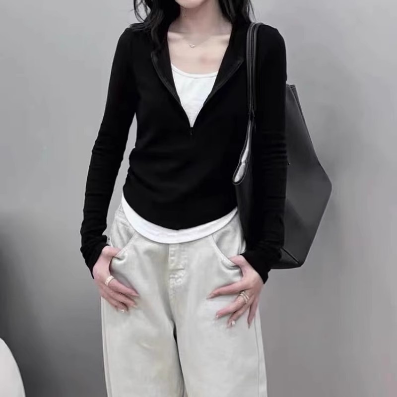 纯棉时尚假两件长袖打底T恤秋季新款大码胖mm显瘦设计感内搭上衣|undefined