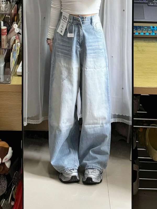 美式高街vibe风直筒牛仔裤女高腰宽松拖地小众设计感复古阔腿长裤|undefined