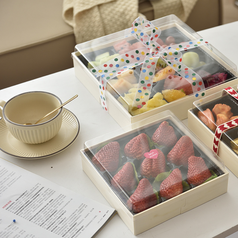 Caja de comidas de madera desechable transparente de frutas comerciales regalos de alimentos multi-tamaño para llevar caja de embalaje con tapa