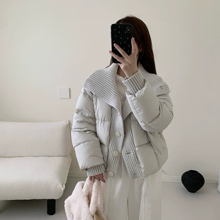 韩系针织拼接棉服女装2026冬季新款小众设计感加厚短款通勤风外套