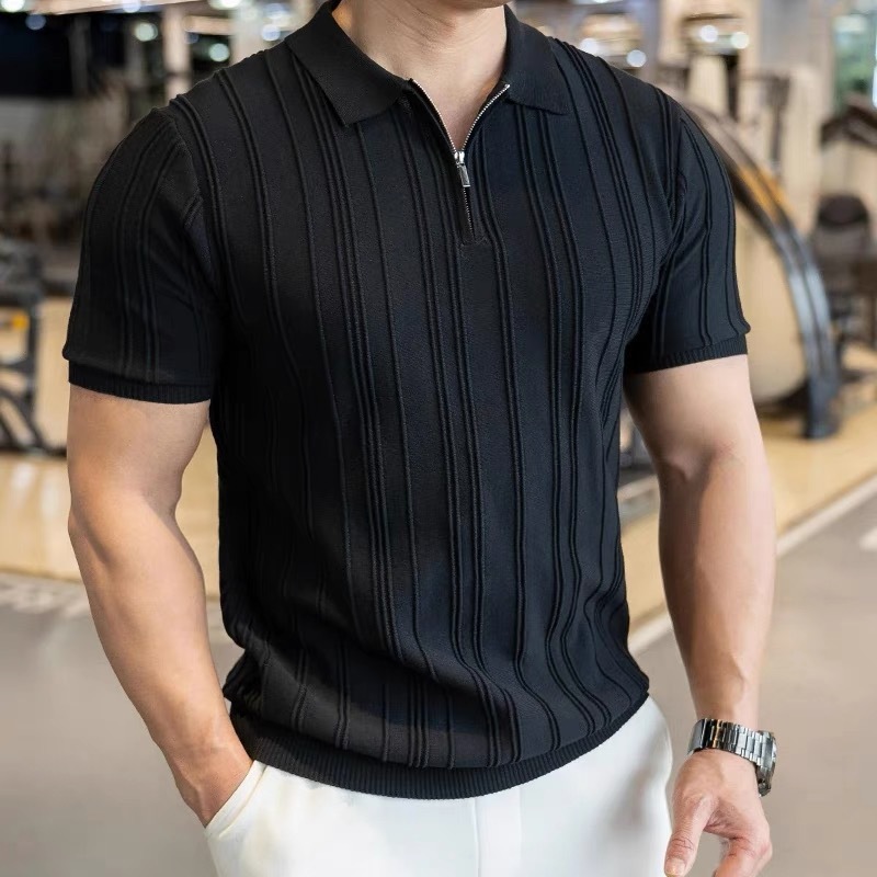 ニット折り襟Polo半袖tシャツ男性アメリカレトロ男性夏の薄いファッション韓国版ストライプtシャツ男性服|undefined