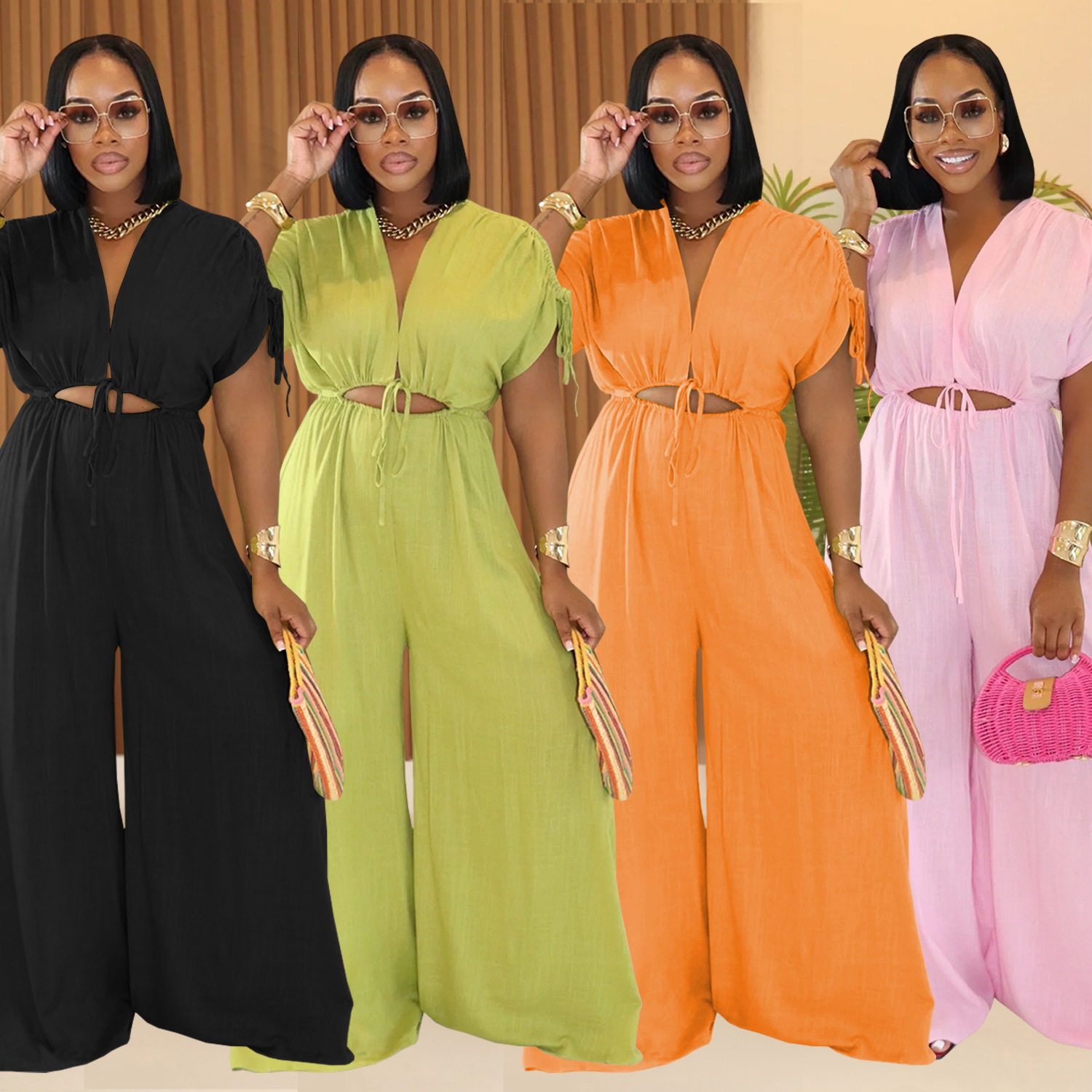 C7388 Cross-Border Aliexpress Amazon European and American Fashion Women's Casual Pure Color V-Neck Lace-Up Wide-Leg Jumpsuit New