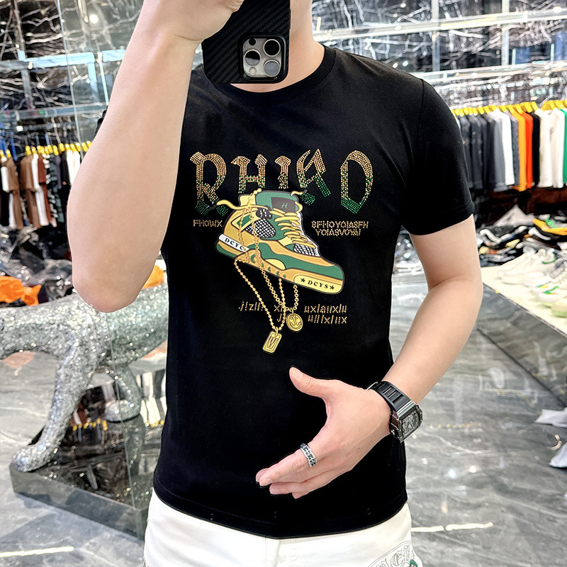 2026 Summer Mercerized Cotton Short-Sleeve Ice Silk T-Shirt for Men, European Trendy Brand with Rhinestone Print, Half-Sleeve Base Shirt, Hot Sale 2026 Summer Mercerized Cotton Short-Sleeve Ice Silk T-Shirt for Men, European Trendy Brand with Rhinestone Print, Half-Sleeve Base Shirt, Hot Sale