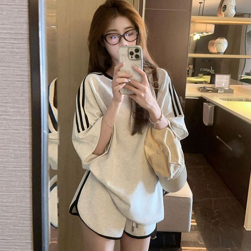 Lazy Style Casual Sports Suit for Female Summer Students, Loose Thin Short-Sleeved Shorts Running Two-Piece Set for Small People