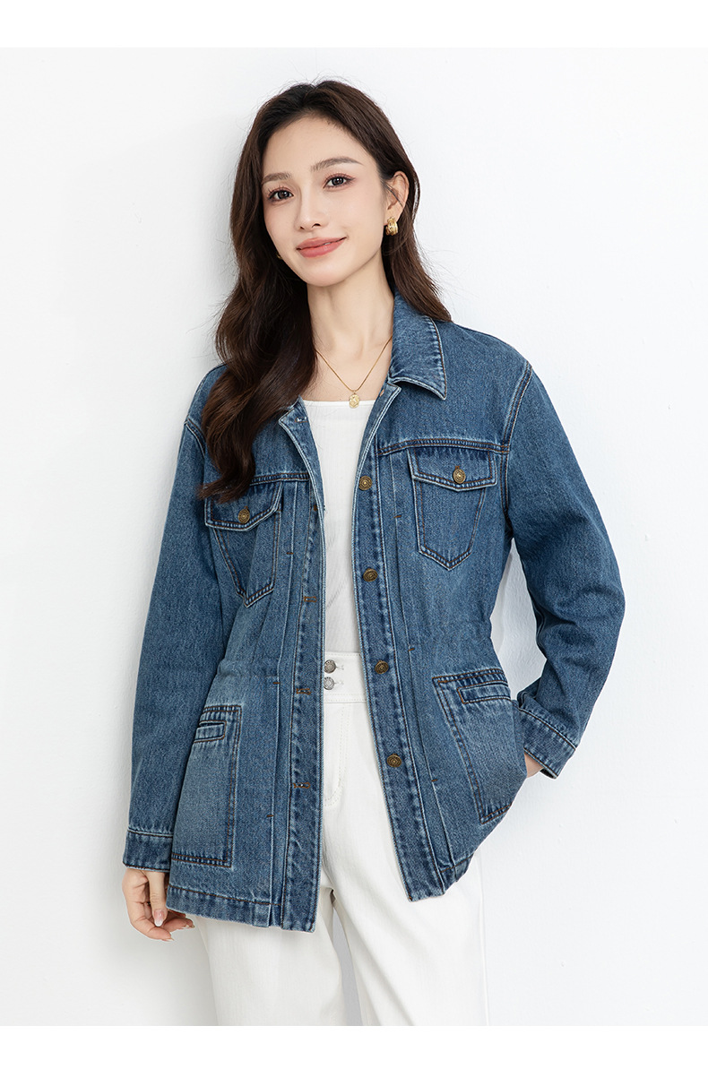 Áo khoác denim dáng dài phong cách workwear Mỹ cổ điển, form rộng thoải mái — xanh lam chi tiết 15