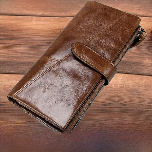 Black Angel casual fashion stitching long cowhide men's wallet buckle tri-fold clutch in stock generation hair
