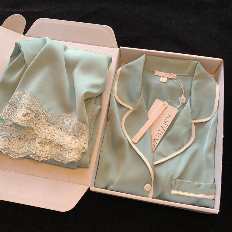 Pajamas Women's Spring and Summer Long Sleeve Ice Silk Korean Style Pajamas Korean Style Light Luxury Lace Silk Thin Home Suit