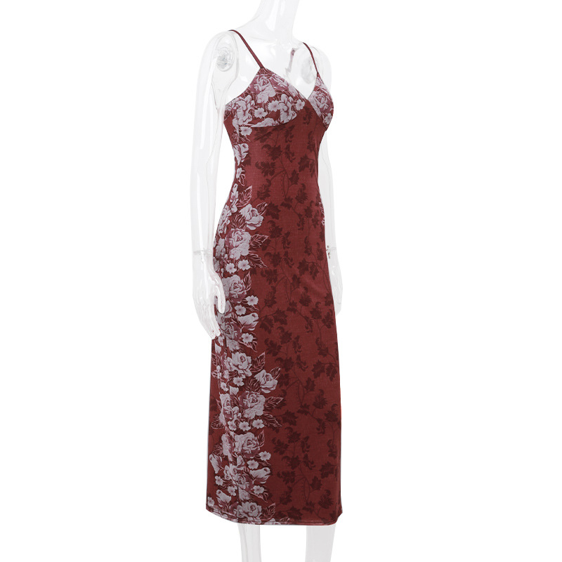 Summer Women Clothing Retro Printed High Grade Strap Dress Evening Dress