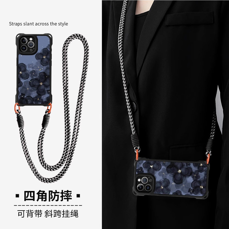 Dark Camellia New Apple 16Promax Mobile Phone Case 11/14 Suitable for 15 Four-Corner Opening Lanyard Android