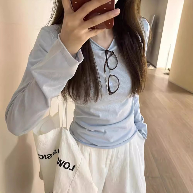 Blue Long-sleeved Sunscreen Thin T-shirt Women's Blouse Slim-fit Slimming 2024 Summer New Korean Lazy Casual Top