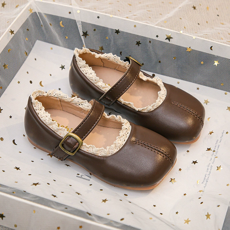 Детские кожаные туфли для девочек, новинка 2025 года, весенне-осенние, нескользящие, в стиле принцессы, на мягкой подошве, черные балетки для малышек