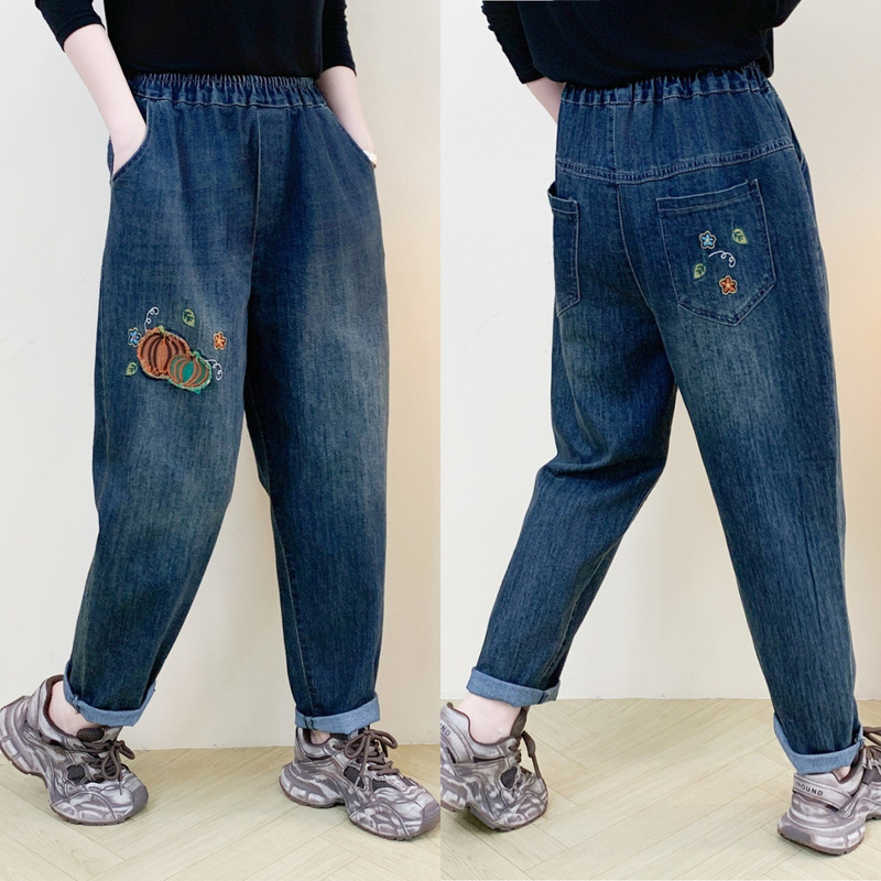 文学レトロ花刺繍ストレッチジーンズ女性の春夏の新しいルーズプラスサイズスリム多用途ハーレムパンツ|undefined