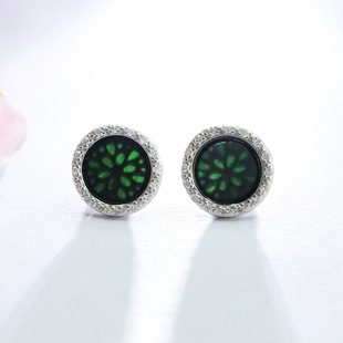 As soon as Yu S925 silver inlaid natural jadeite nothing card earrings ink Cui round earrings factory wholesale FC3092002