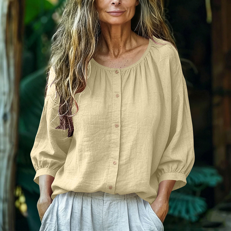 Bamboo-Style Loose Shirt for Women, Round Neck, Long-Sleeved Casual Top, New Japanese Style, Lazy Style, Versatile, Breathable Long-Sleeved Cardigan