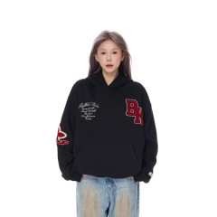 美式字母植绒刺绣连帽卫衣男女宽松秋季新款情侣街头潮牌休闲帽衫