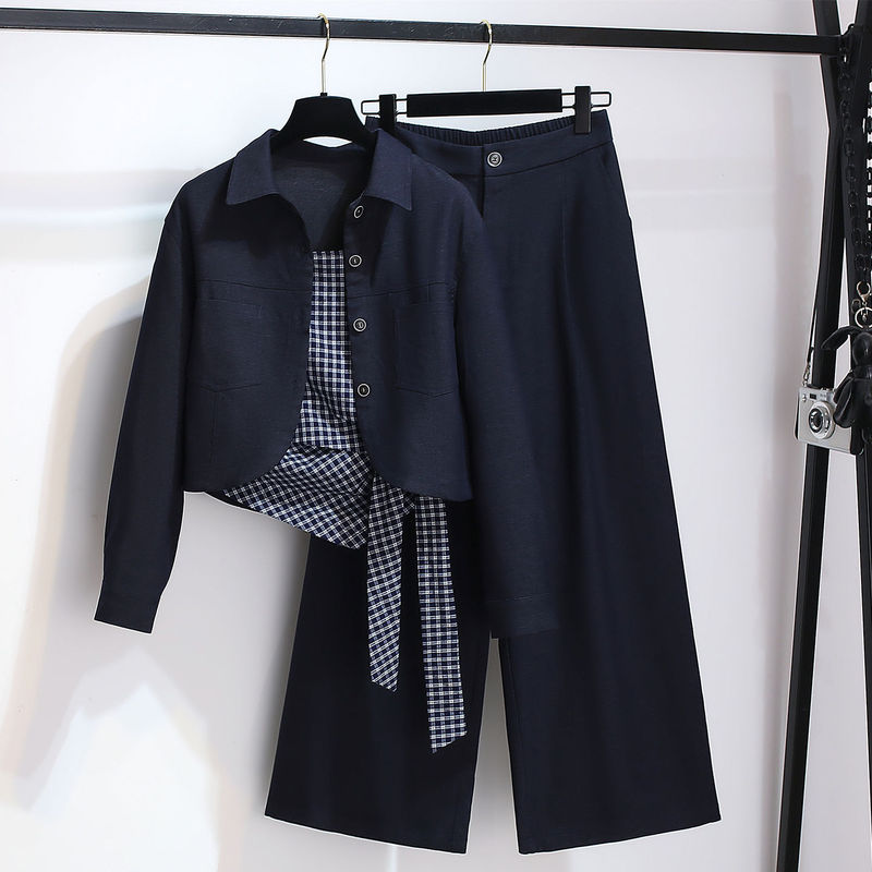 Navy Blue Long-Sleeved Shirt Jacket Paired with Plaid Suspenders and Wide-Leg Pants for Women, 2026 Early Spring New Three-Piece Set