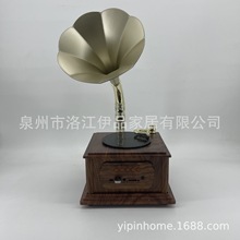 老式胡桃木色复古留声机USB唱片机古典音乐蓝牙音箱收音机礼物