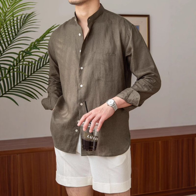 Commuting Light Mature Casual Breathable Pure Linen Long-sleeved Shirt All-match Holiday Collar Shirt Men's Henry Collar Top