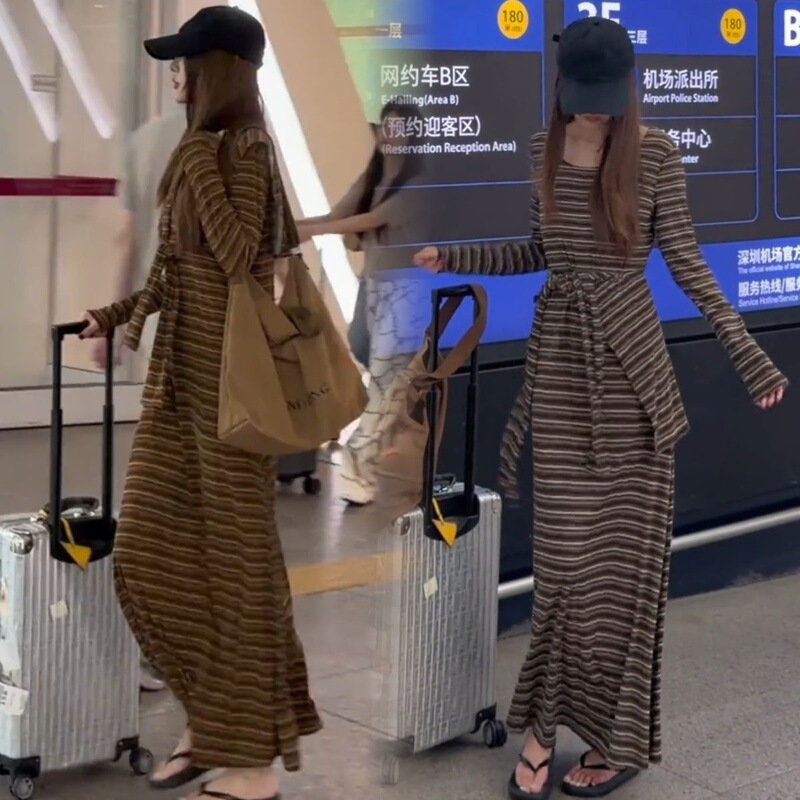 Trendy early autumn vibe two-piece set with detachable striped shawl, long dress for airport wear, casual style dress Trendy early autumn vibe two-piece set with detachable striped shawl, long dress for airport wear, casual style dress