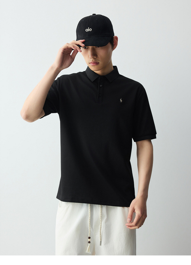 Áo polo nam ngắn tay cổ bẻ chất liệu pique thêu logo nhỏ — đen chi tiết 27