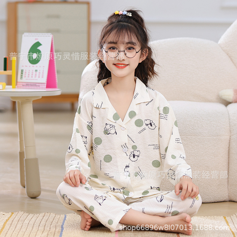 Pijama de niñas primavera y otoño dibujos animados tela espuma de tela delgada manga larga lindo ropa para niños de tamaño medio y grande ropa para el hogar
