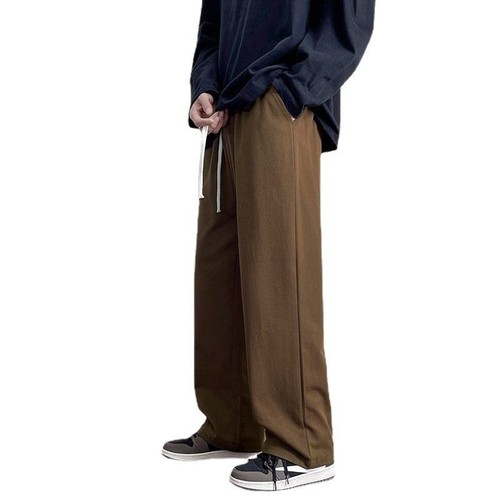 Khaki Pure Cotton Pants for Men: Fleece-Lined, Thick Casual Trousers for Spring, Autumn, and Winter—Men's Style with a Flowing, Wide-Legged, Loose-Fit, Straight-Leg Design