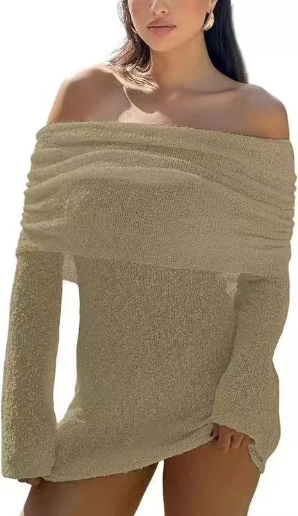 Вязаное короткое пляжное платье для женщин, открытые плечи, длин sleeves, европейский стиль, сексуальное мини