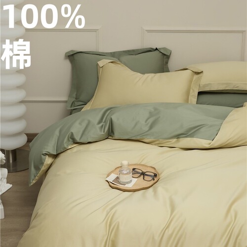 Solid color 100 count long-staple cotton four-piece set pure cotton light luxury high-end bed sheet quilt cover bed three-piece set 4 items