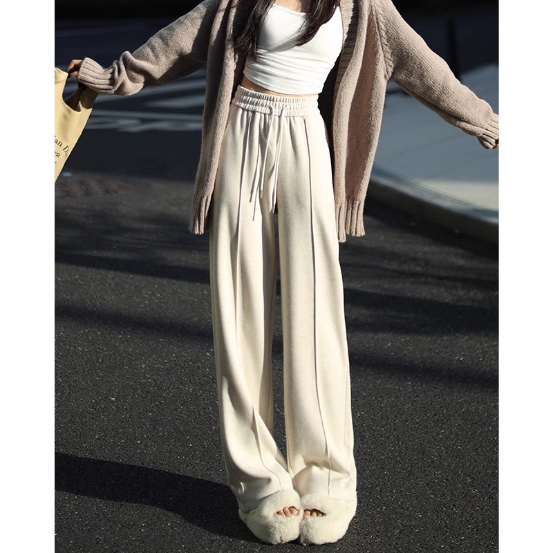 Pantalones de piernas anchas blancas de herringbone para mujeres primavera y otoño 2024 nuevo estilo alargado otoño y invierno grueso de cintura alta pantalones de lana