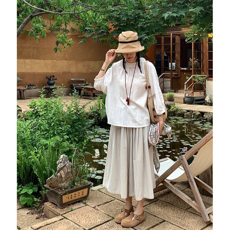 French-Style High-End Loose Cotton-Linen Striped Wide-Leg Skirt Pants for Women, Lazy Style, High-Waisted, Slimming A-Line Cropped Pants French-Style High-End Loose Cotton-Linen Striped Wide-Leg Skirt Pants for Women, Lazy Style, High-Waisted, Slimming A-Line Cropped Pants