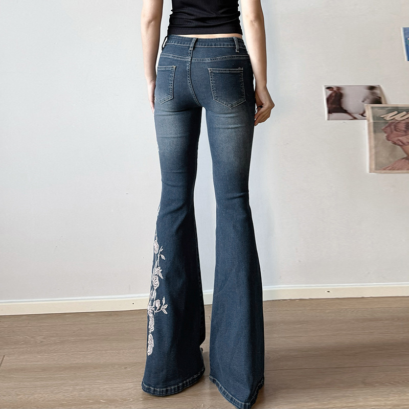 Rose Embroidery Retro Gradual Change Niche Slightly Spicy Jeans American Hot Girl Street Low Waist Thin Personality Trousers_ecoleips.com
