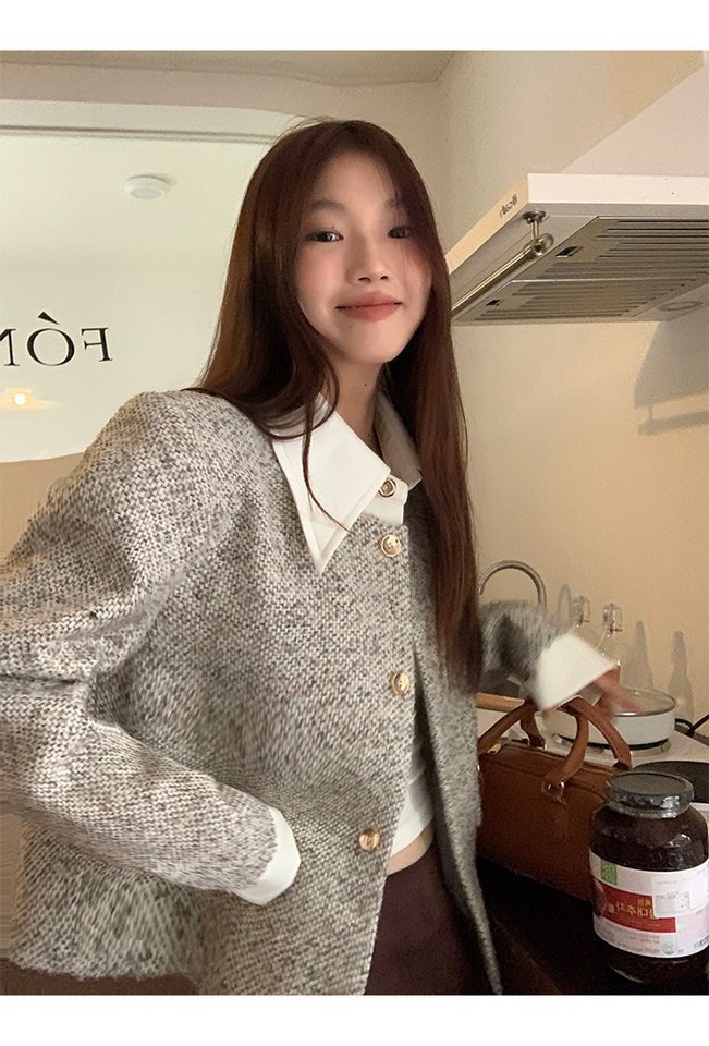 Áo khoác nữ dáng ngắn kiểu sang trọng, tay dài, cổ polo, chất liệu polyester — Hoa màu xám chi tiết 15