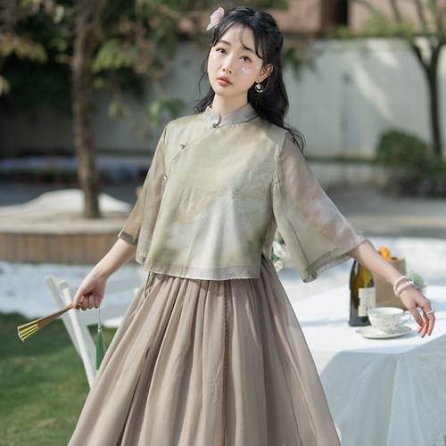 Chinese ancient outfit chinese dress for women girls oriental green coffee qipao tops and skirts for lady chinese blouses skirts female hanfu chinese clothes for female