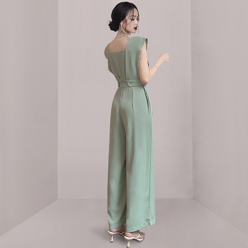 Mono de estilo coreano con cuello cuadrado, cintura entallada, efecto adelgazante, ropa de mujer transfronteriza, novedad de verano, pantalones anchos con bolsillos, elegante y con estilo.