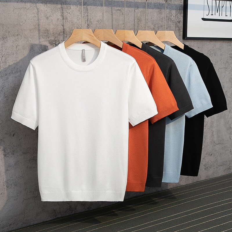Anti-Pilling Spring and Summer Knitted Men's Short-Sleeved T-Shirt, Round Neck, Solid Color, Simple and Mature