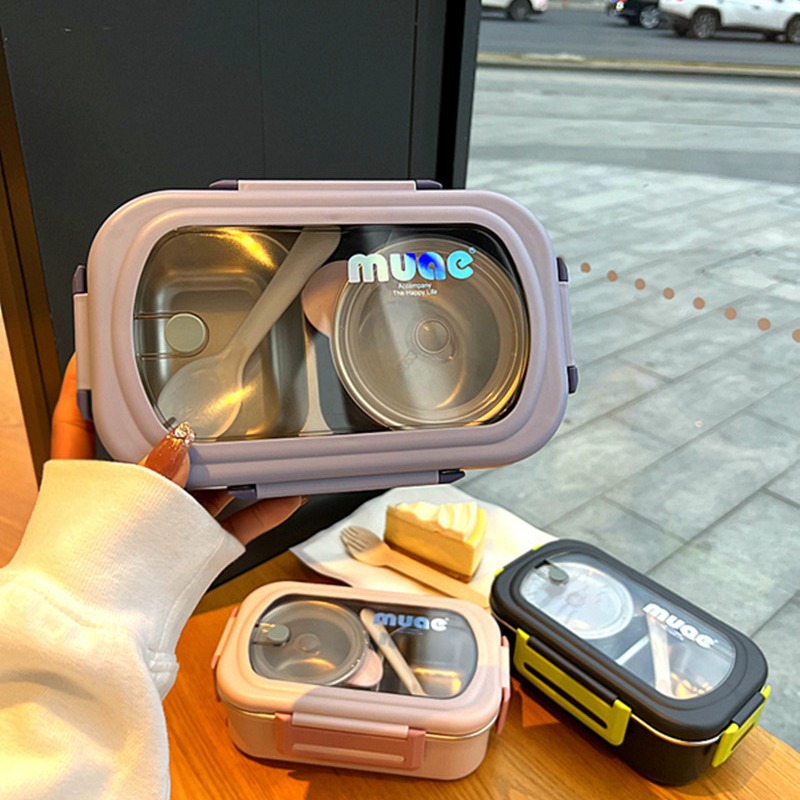 Simple 304 stainless steel lunch box two-grid with soup bowl office workers bring lunch lunch for students dormitory to make meals wholesale