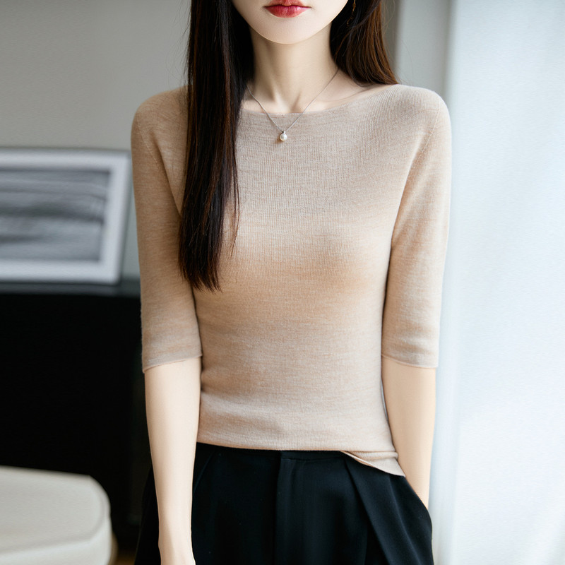 100% Fine Worsted Wool Knit Off-Shoulder Five-Quarter Sleeve Women's Soft and Elegant Slimming Yangtze Yarn Half-Sleeve Base Shirt