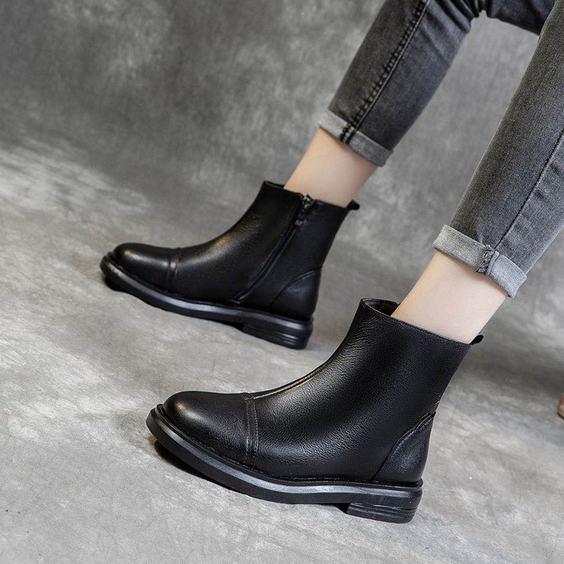 Ready Stock 2026 New Women's Martin Boots Side Zipper First Layer Cowhide Casual Women's Martin Boots