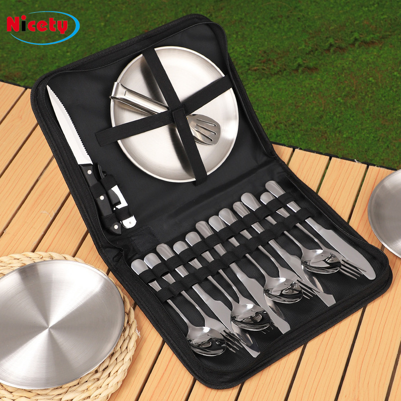 Outdoor Stainless Steel Cutlery Set for Camping, Including Knife, Fork, Spoon, and Plate, with Portable Storage Bag for Amazon Bbq and Picnics