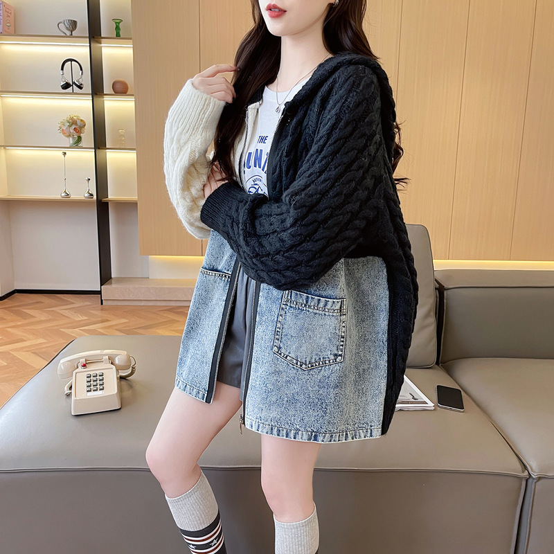 Autumn and Winter New Korean Style Loose Casual Design Sweater Jacket Zipper Hooded Splicing Denim Knitwear for Women