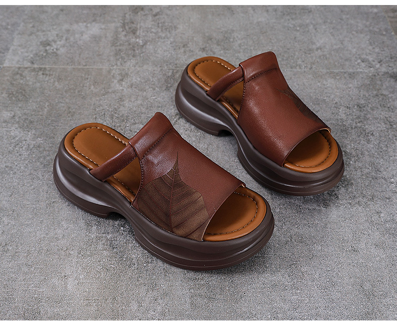 Dép sandal nữ quai chữ V đế dày da bò thật — Màu trắng be chi tiết 13