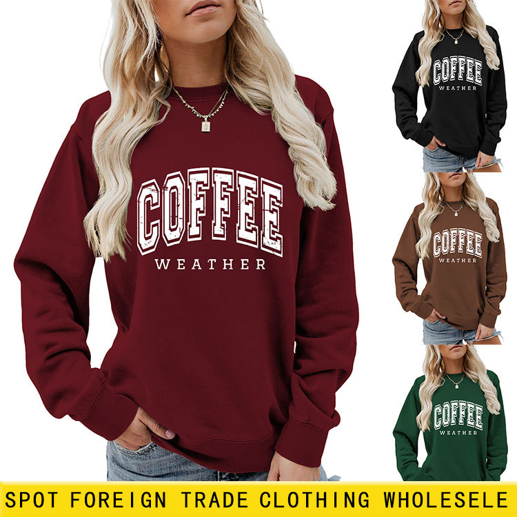 coffee weather Europe and America Amazon autumn and winter ebay independent crew neck long sleeve hollow print ladies sweater
