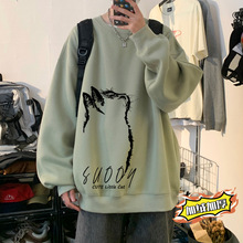 潮牌2024美式无帽卫衣男春秋冬季套头圆领长袖T恤衫加绒加厚上衣