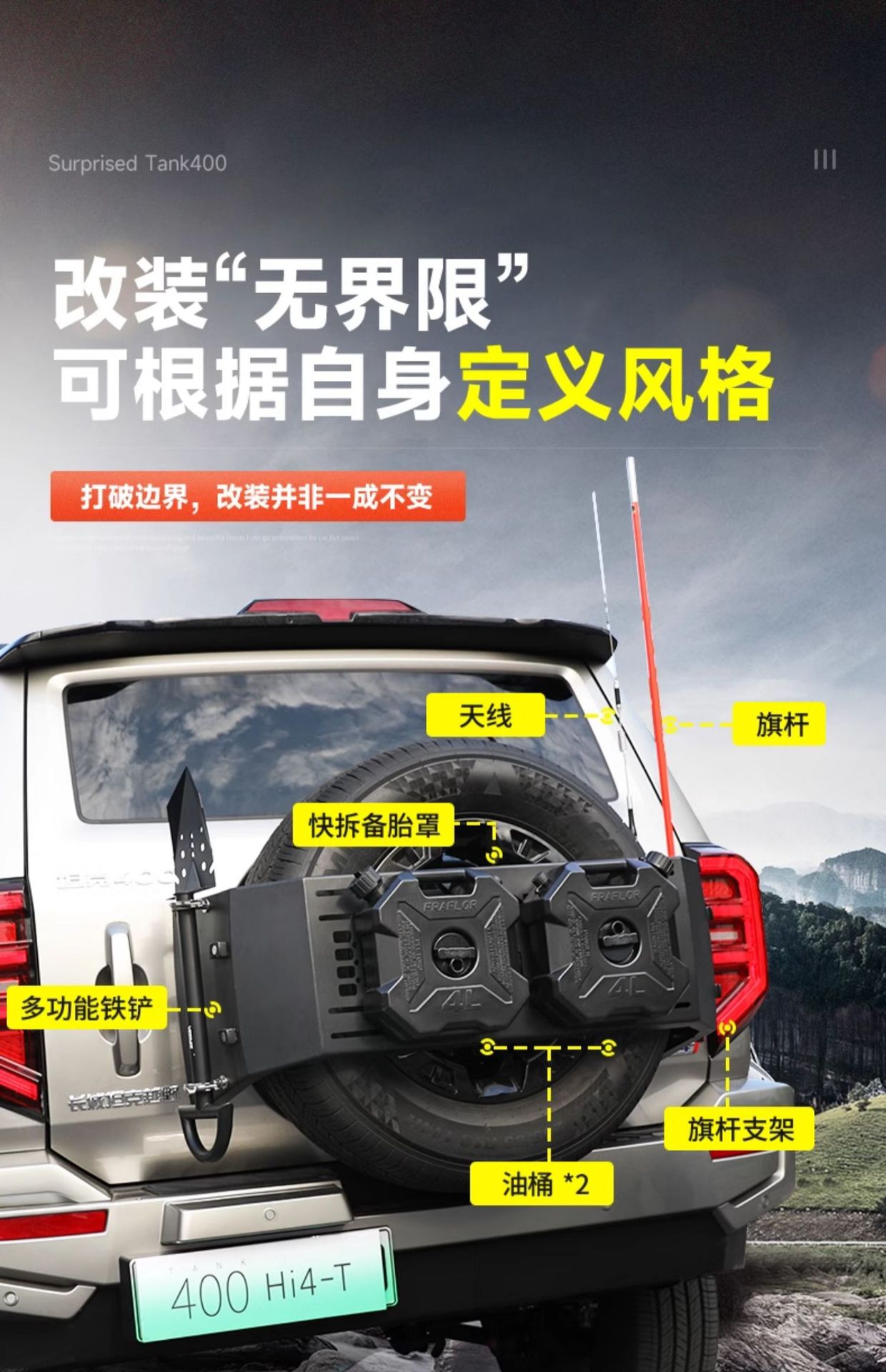 Tank 400Hi4-T Quick Release Spare Tire Cover Modified Off-Road Expansion Flagpole Bracket Car Platform Antenna Decoration Accessories