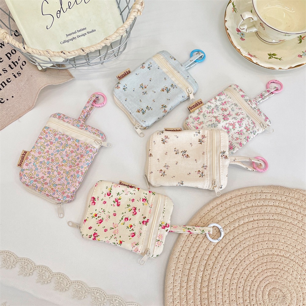 6442 Detachable Hanging Buckle Coin Purse Floral Style Double Zipper Women's Commuter Key and Earphone Storage Bag
