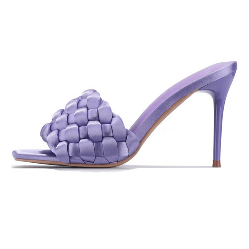 Fashionable purple satin square-toed high-heeled sandals, designer open-toe woven cross-border foreign trade plus-size women's sandals Fashionable purple satin square-toed high-heeled sandals, designer open-toe woven cross-border foreign trade plus-size women's sandals