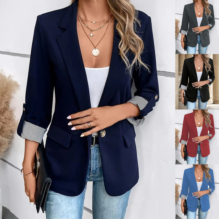 2026 European and American New Fashion Casual Buttoned Suit Slim Fit Three-Quarter Rolled Sleeve Blazer for Women